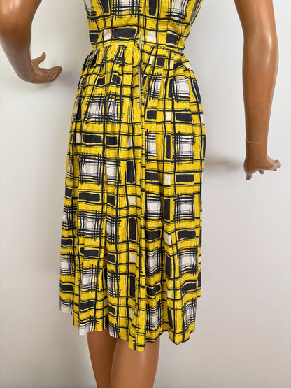 S | 1950s/60s Yellow Black Graphic Plaid Poplin Shirtwaist Dress