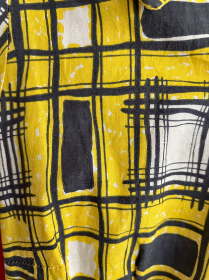 S | 1950s/60s Yellow Black Graphic Plaid Poplin Shirtwaist Dress