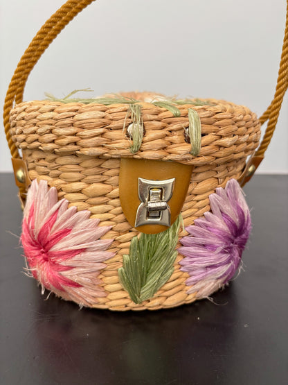 1950s/60s Floral Raffia Basket Purse