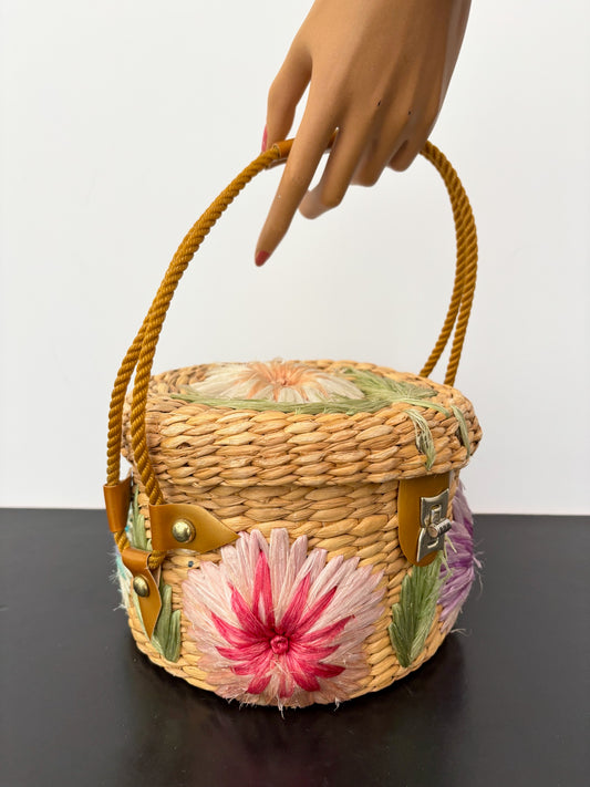 1950s/60s Floral Raffia Basket Purse