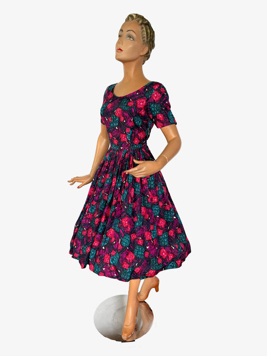 XS/S | 1950s Silk Swing Dress With Abstract Print