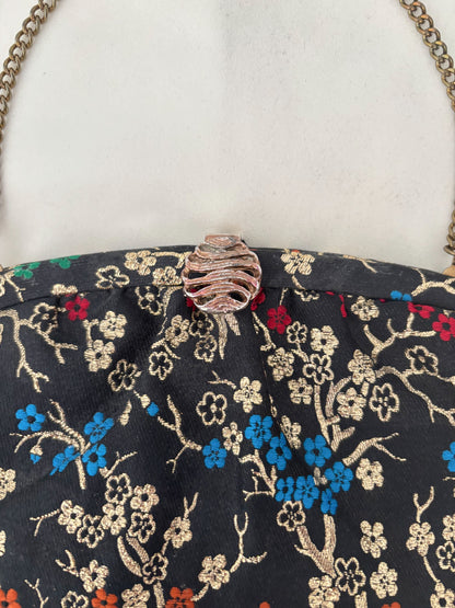 1950s/60s Black Floral Brocade Evening Bag With Chain Handle