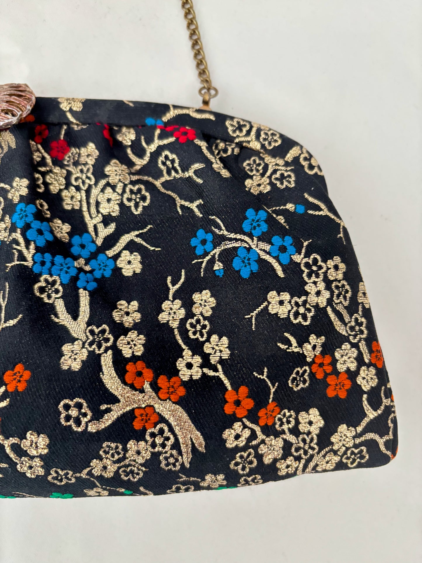 1950s/60s Black Floral Brocade Evening Bag With Chain Handle