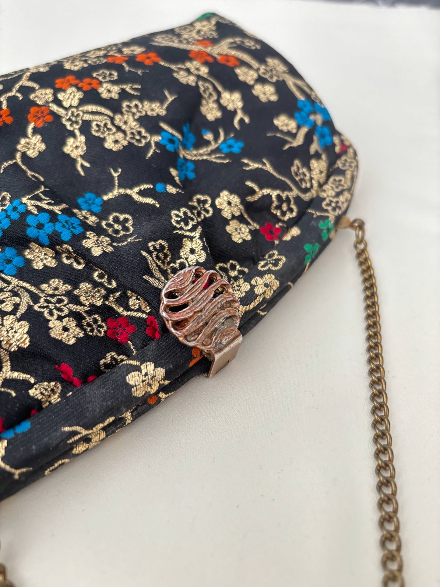 1950s/60s Black Floral Brocade Evening Bag With Chain Handle
