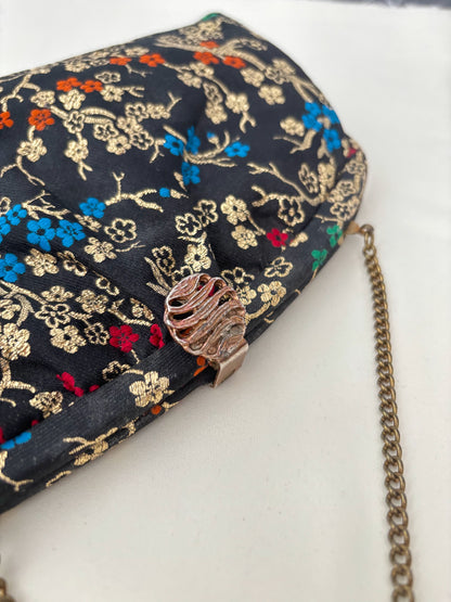 1950s/60s Black Floral Brocade Evening Bag With Chain Handle