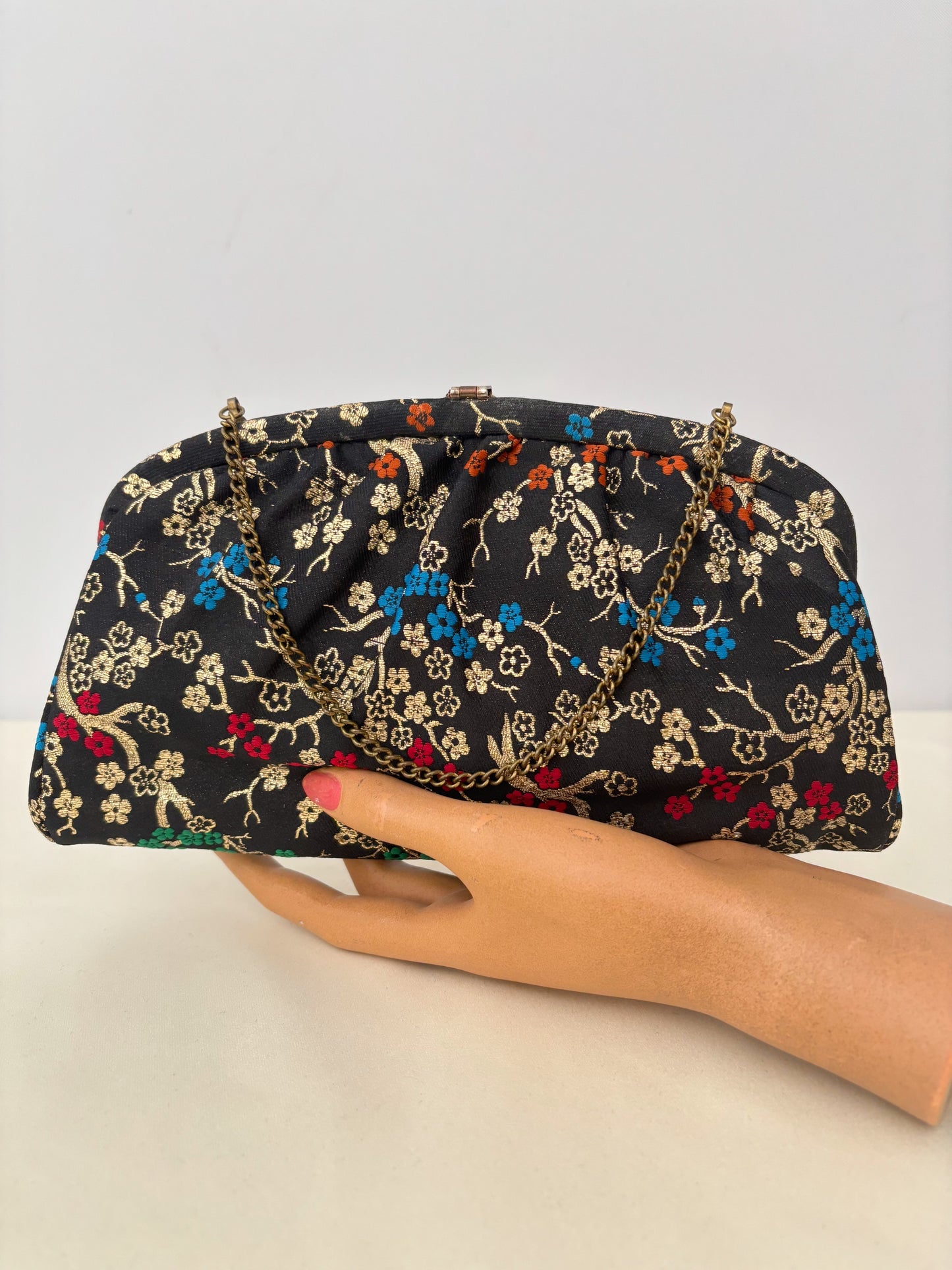 1950s/60s Black Floral Brocade Evening Bag With Chain Handle