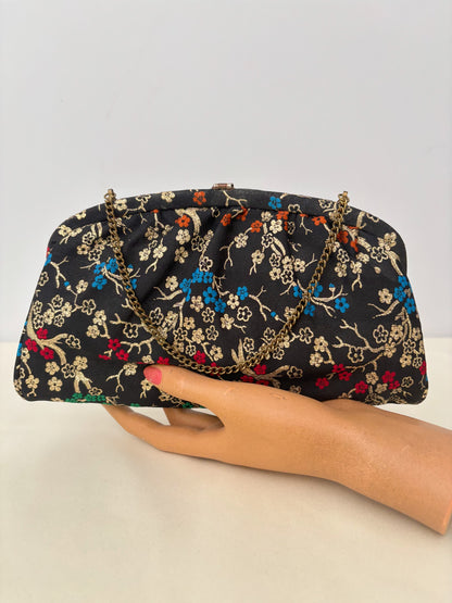 1950s/60s Black Floral Brocade Evening Bag With Chain Handle