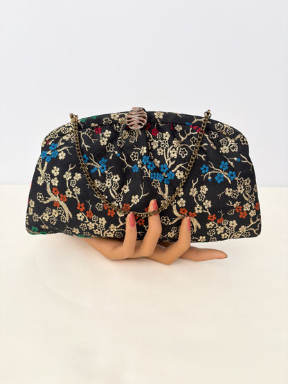 1950s/60s Black Floral Brocade Evening Bag With Chain Handle