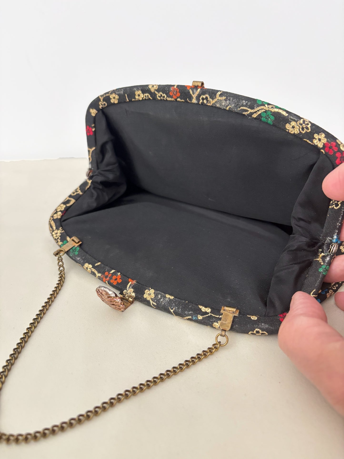 1950s/60s Black Floral Brocade Evening Bag With Chain Handle