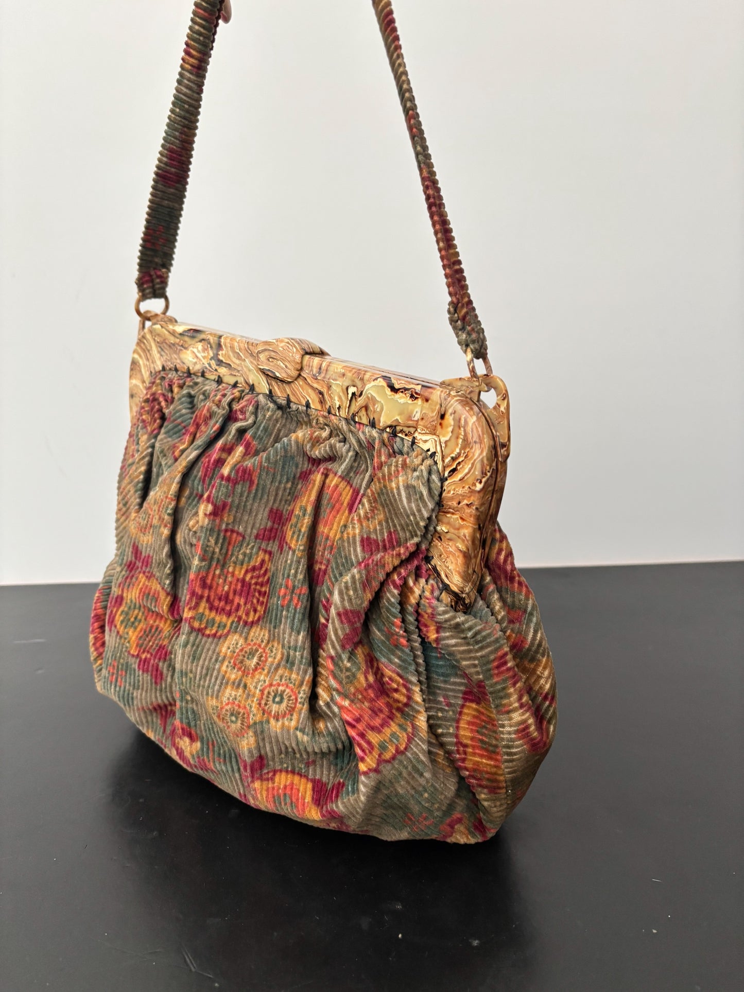 1940s/50s Corduroy Handbag With Marbled Plastic Frame