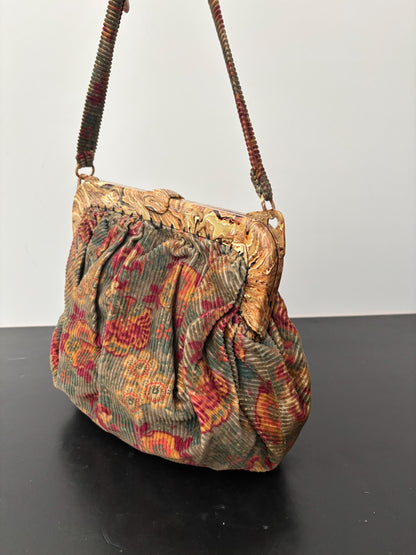 1940s/50s Corduroy Handbag With Marbled Plastic Frame
