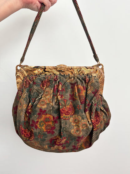 1940s/50s Corduroy Handbag With Marbled Plastic Frame