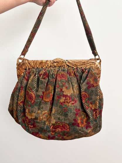 1940s/50s Corduroy Handbag With Marbled Plastic Frame