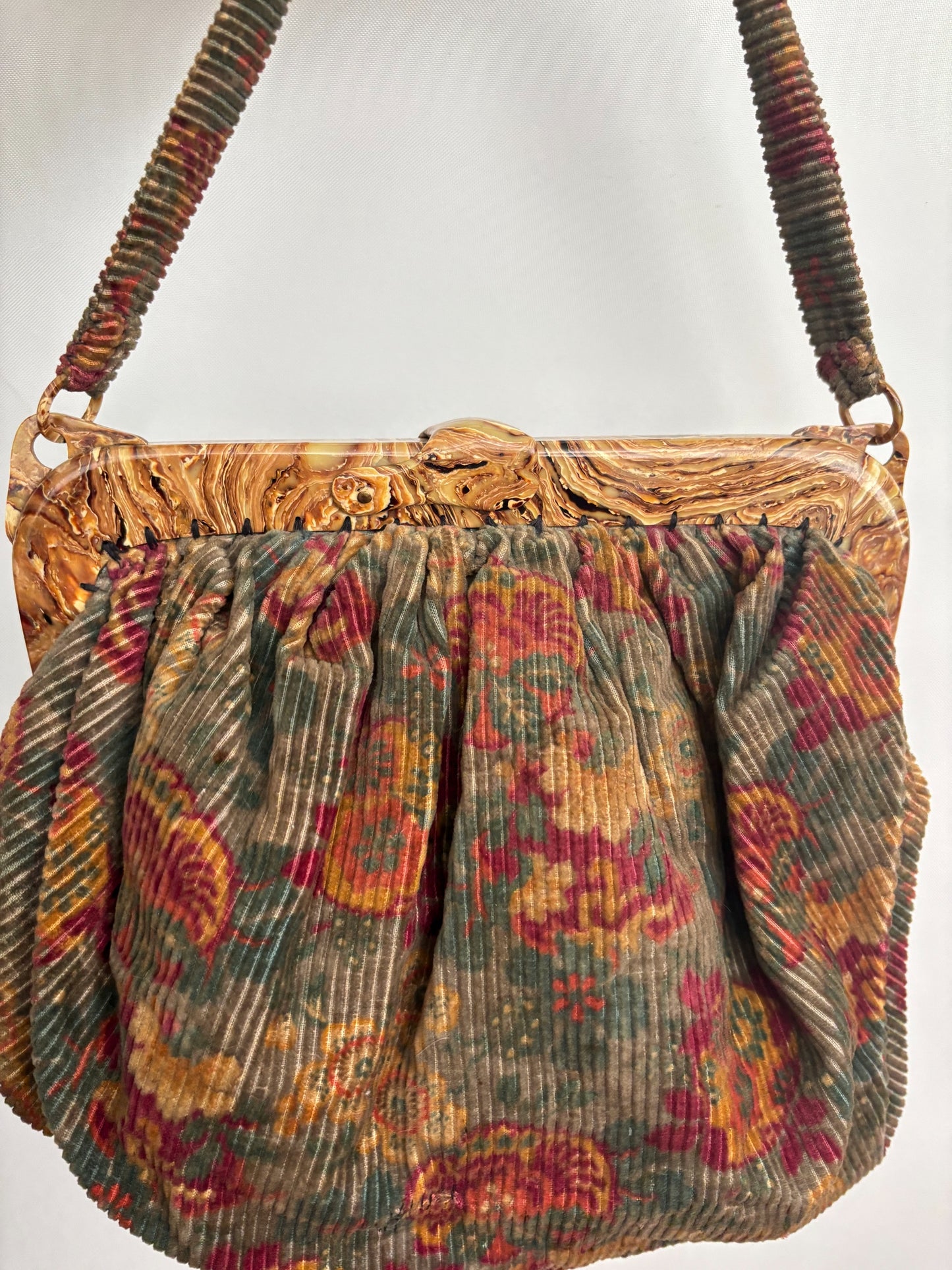 1940s/50s Corduroy Handbag With Marbled Plastic Frame