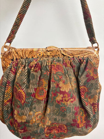 1940s/50s Corduroy Handbag With Marbled Plastic Frame