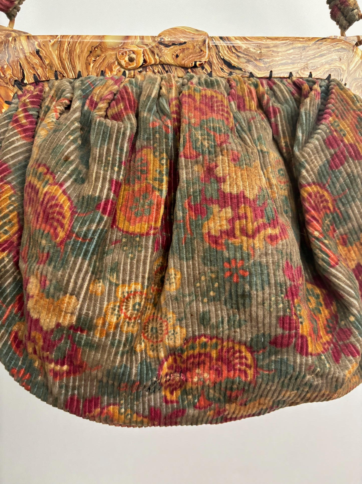 1940s/50s Corduroy Handbag With Marbled Plastic Frame