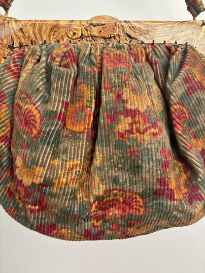 1940s/50s Corduroy Handbag With Marbled Plastic Frame