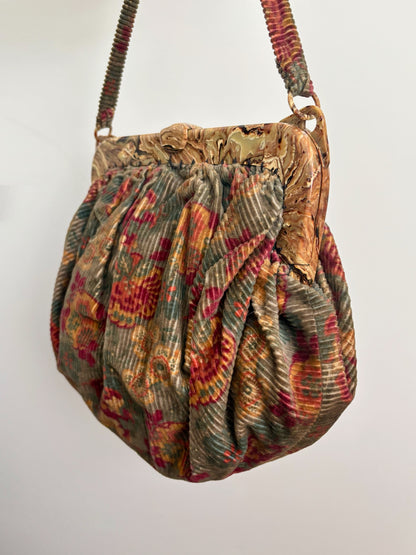 1940s/50s Corduroy Handbag With Marbled Plastic Frame