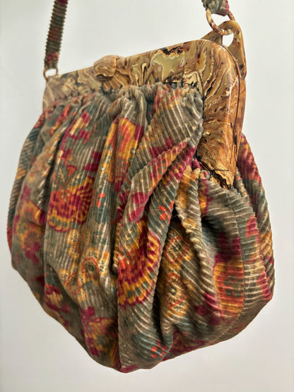 1940s/50s Corduroy Handbag With Marbled Plastic Frame