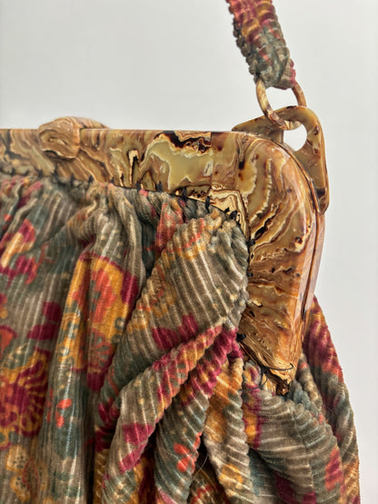 1940s/50s Corduroy Handbag With Marbled Plastic Frame