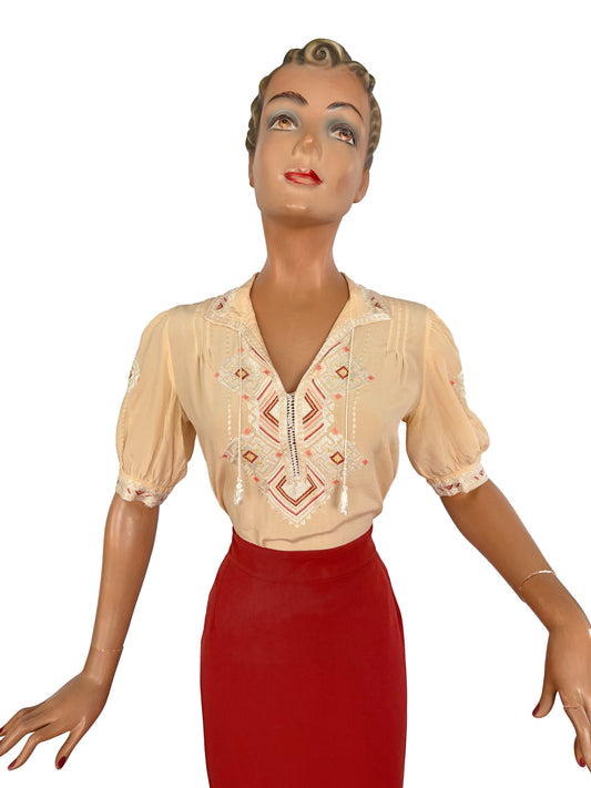 1930s/40s Cream Silk Blouse with Embroidery and Tassels | M