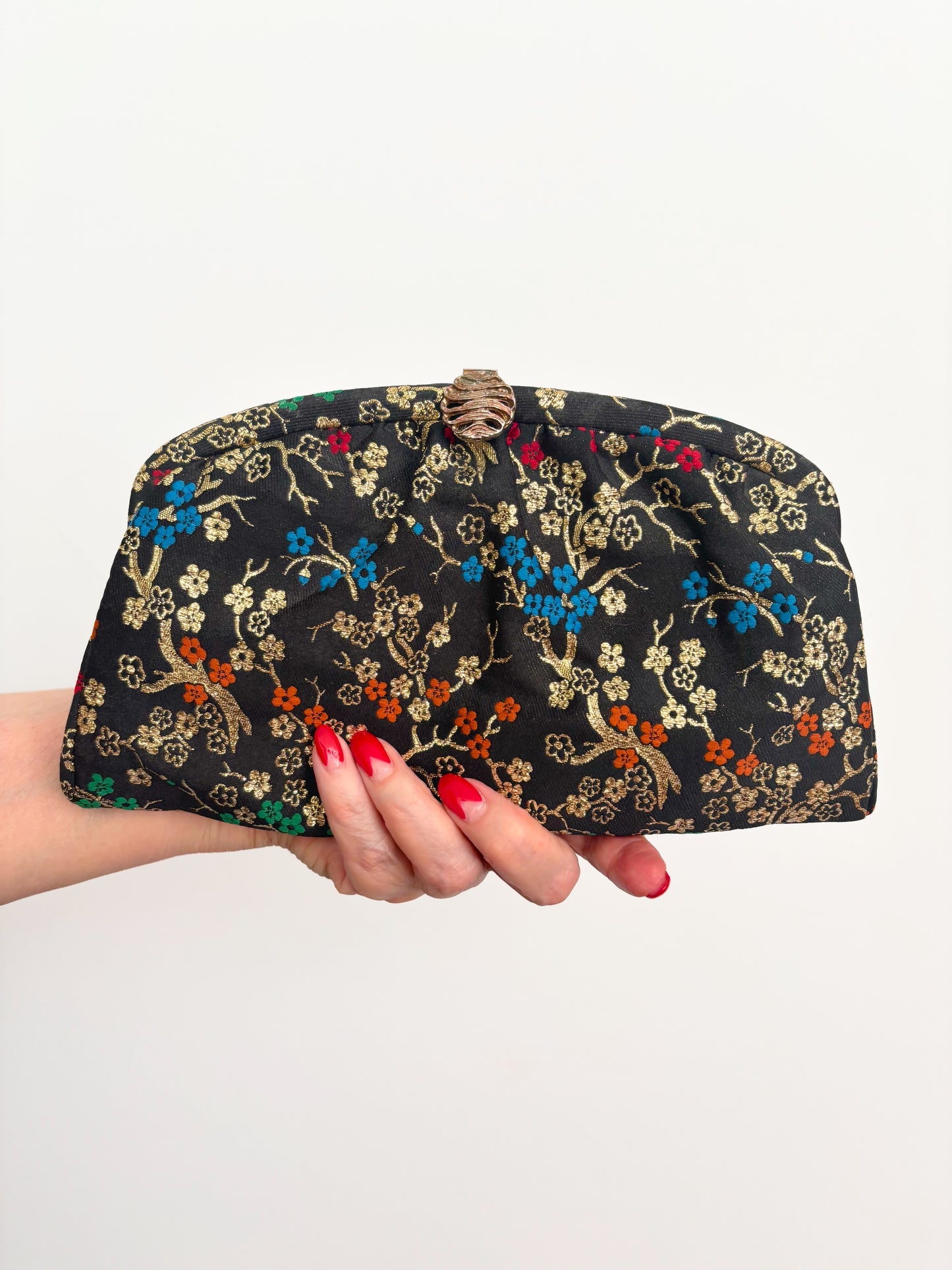 1950s/60s Black Floral Brocade Evening Bag With Chain Handle