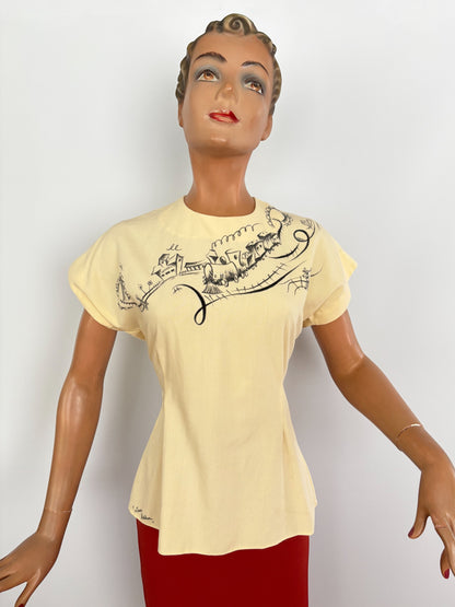 Hand-Painted 1940s Style Blouse With Western Train Illustration | M