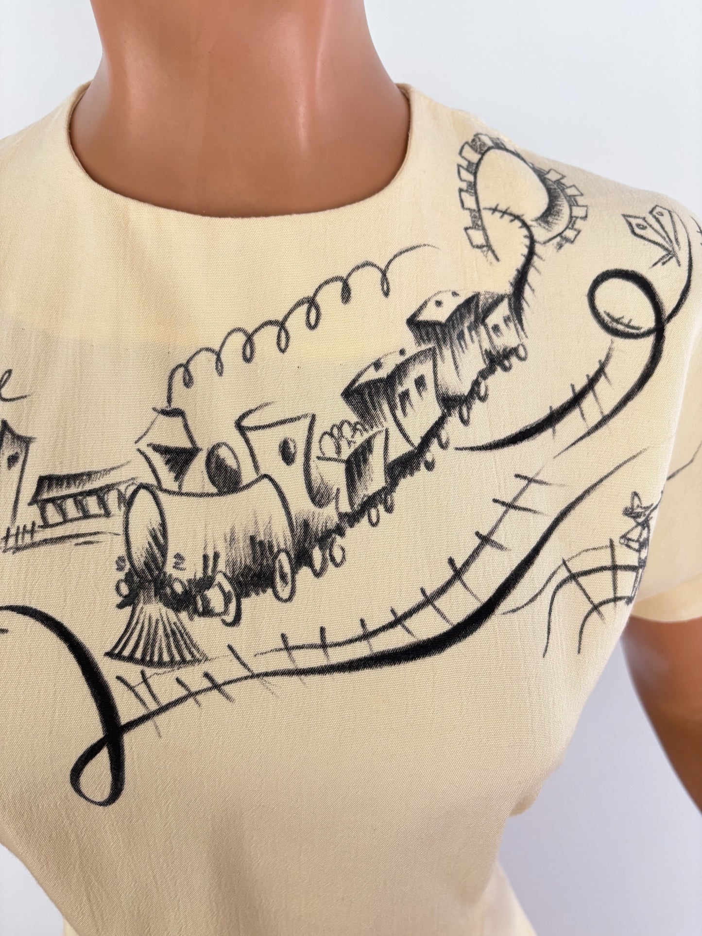 Hand-Painted 1940s Style Blouse With Western Train Illustration | M