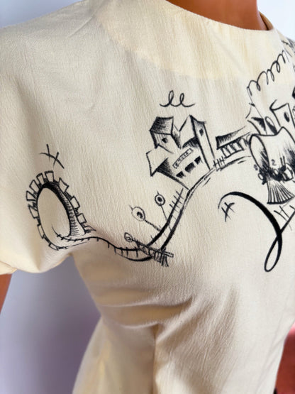 Hand-Painted 1940s Style Blouse With Western Train Illustration | M