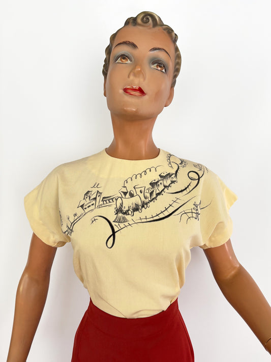 Hand-Painted 1940s Style Blouse With Western Train Illustration | M