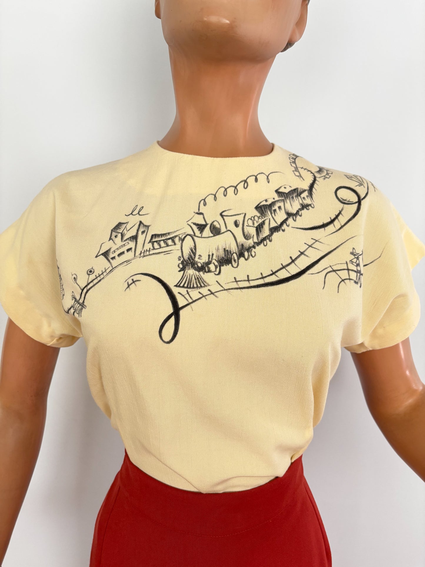 Hand-Painted 1940s Style Blouse With Western Train Illustration | M