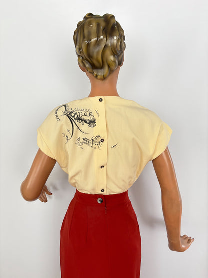Hand-Painted 1940s Style Blouse With Western Train Illustration | M