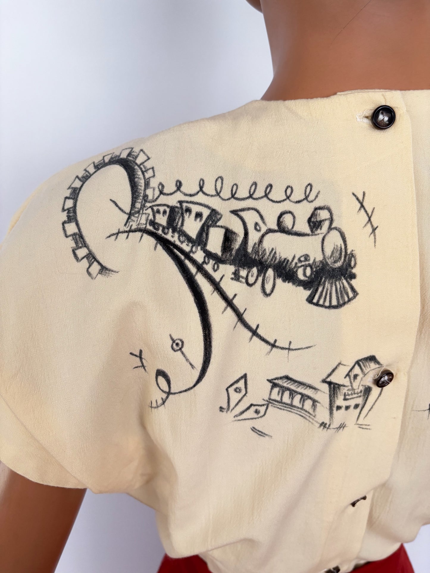 Hand-Painted 1940s Style Blouse With Western Train Illustration | M