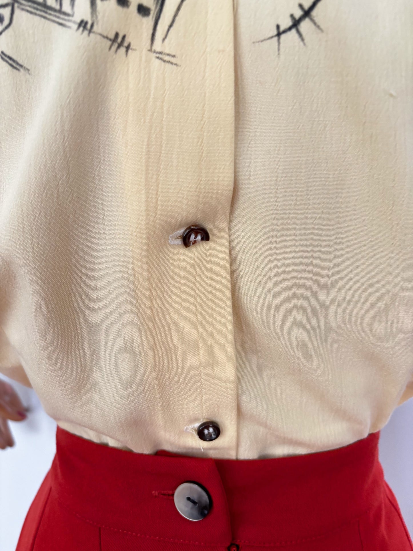 Hand-Painted 1940s Style Blouse With Western Train Illustration | M