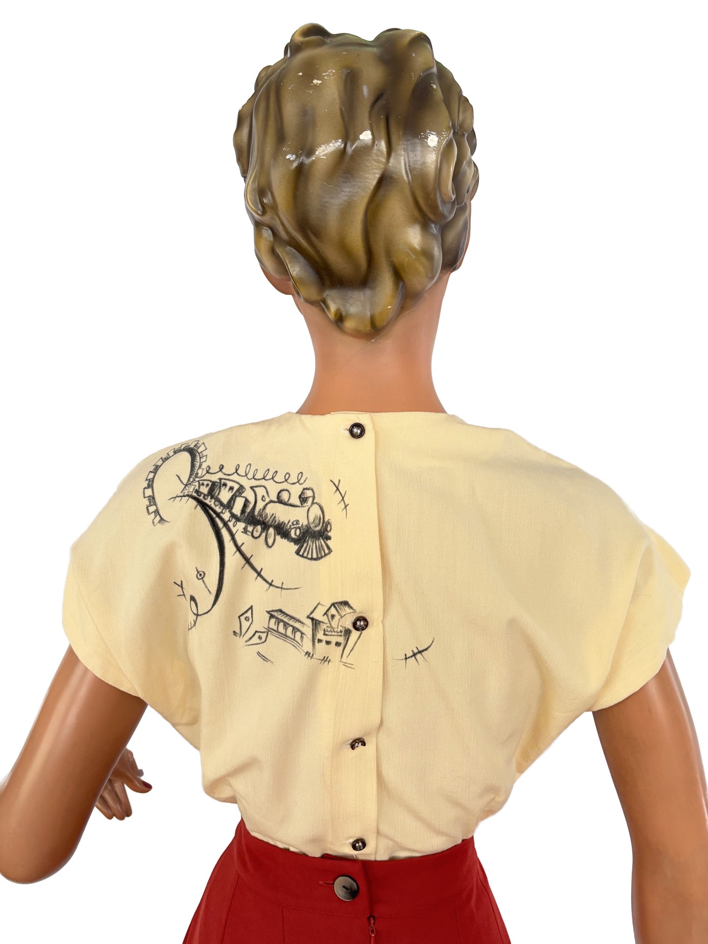 Hand-Painted 1940s Style Blouse With Western Train Illustration | M