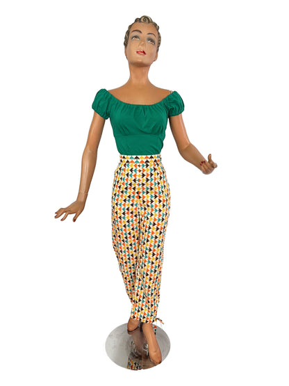 1950s Style Harlequin Capri Pants with Bird Print | S