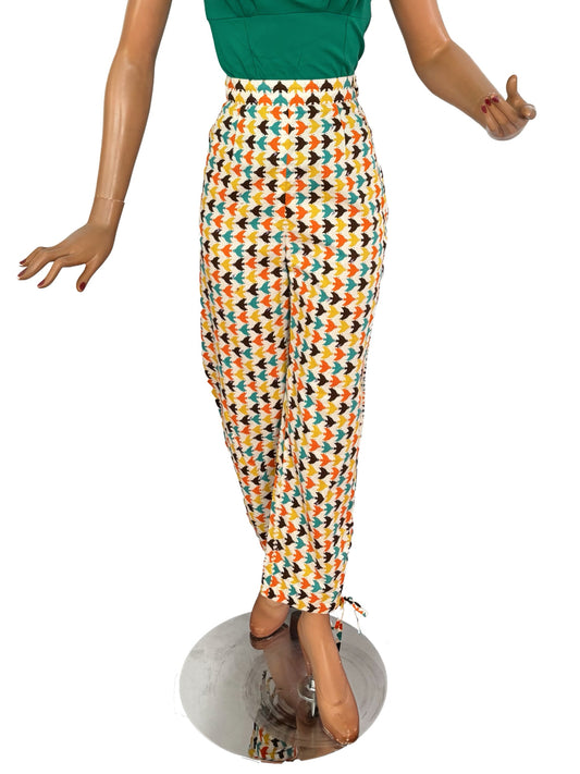 1950s Style Harlequin Capri Pants with Bird Print | S