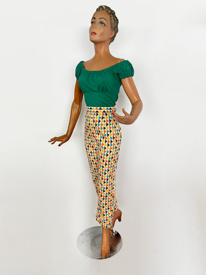1950s Style Harlequin Capri Pants with Bird Print | S