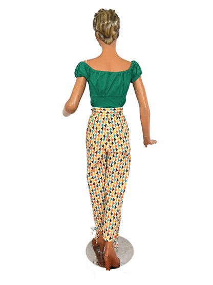 1950s Style Harlequin Capri Pants with Bird Print | S