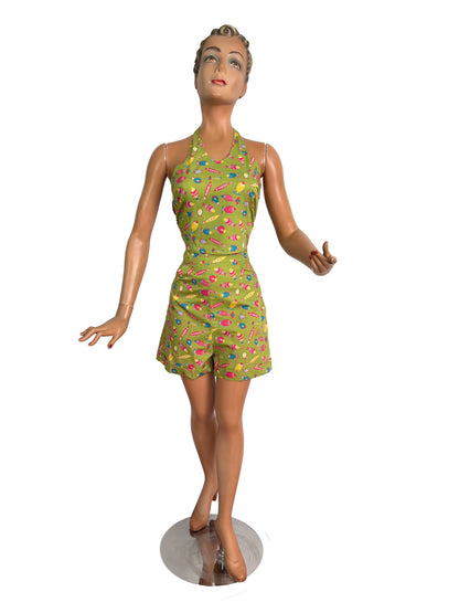 S | 1950s Style Lime Green Fish Print High Waisted Shorts