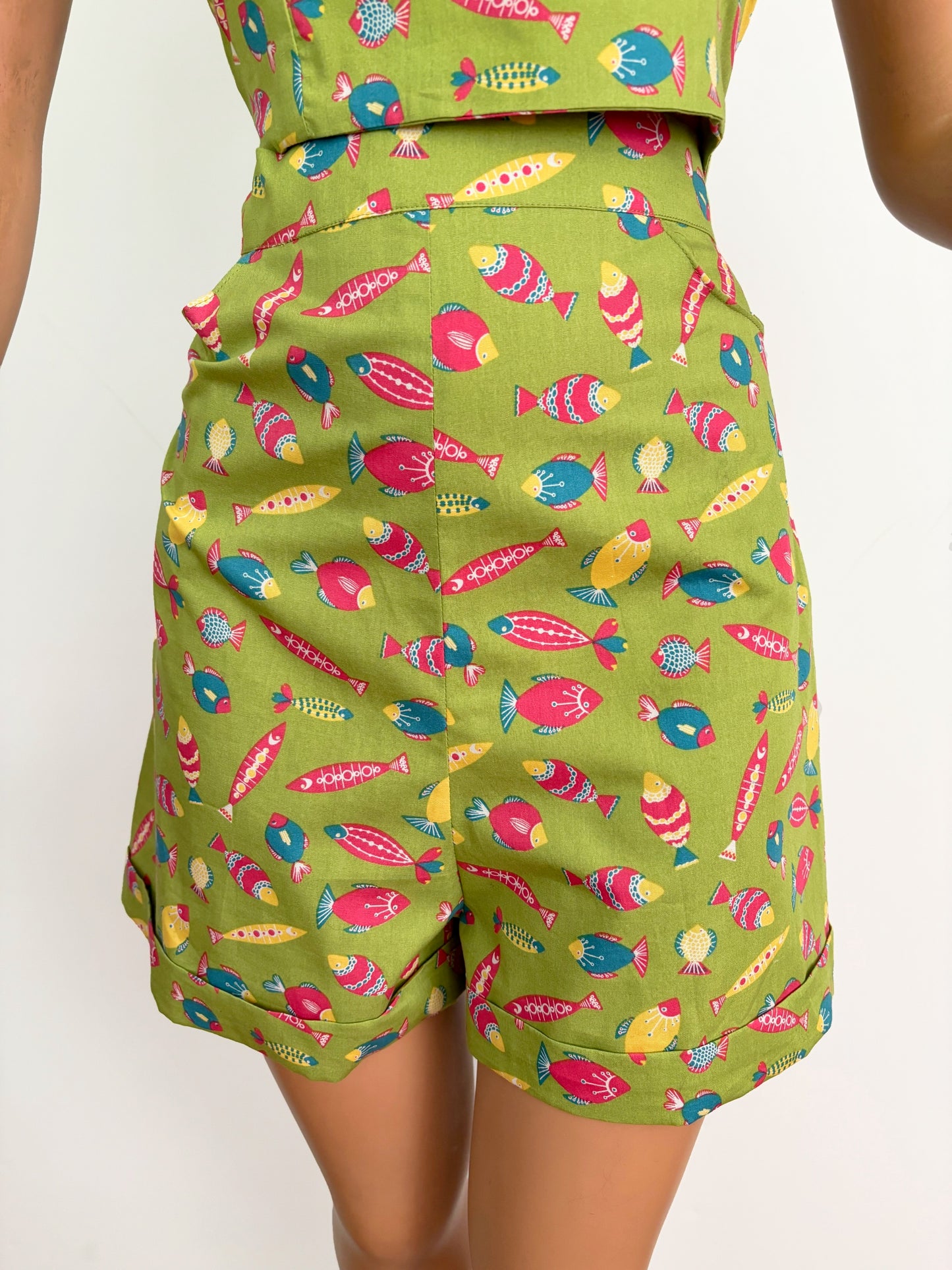 S | 1950s Style Lime Green Fish Print High Waisted Shorts