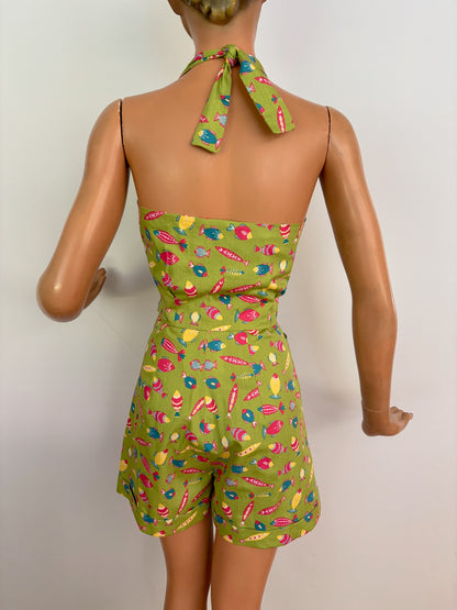 S | 1950s Style Lime Green Fish Print High Waisted Shorts