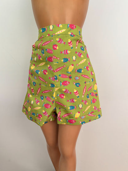 S | 1950s Style Lime Green Fish Print High Waisted Shorts