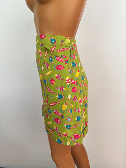 S | 1950s Style Lime Green Fish Print High Waisted Shorts