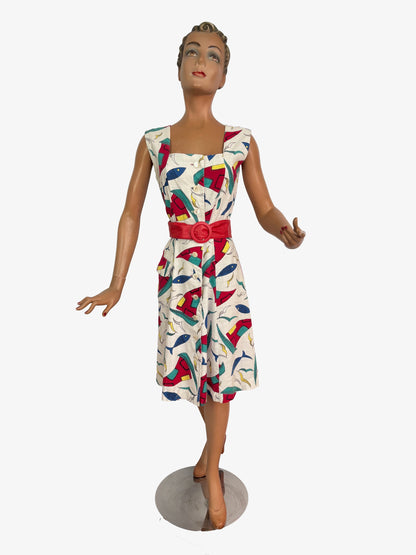 S | 1950s Nautical Novelty Print Dress