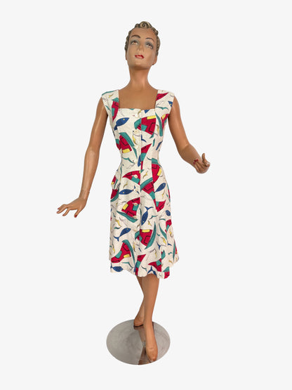 S | 1950s Nautical Novelty Print Dress