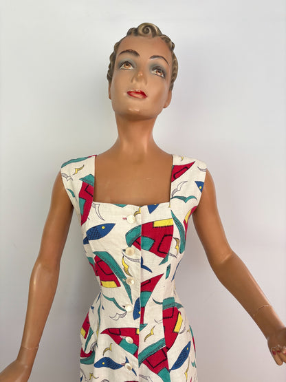 S | 1950s Nautical Novelty Print Dress