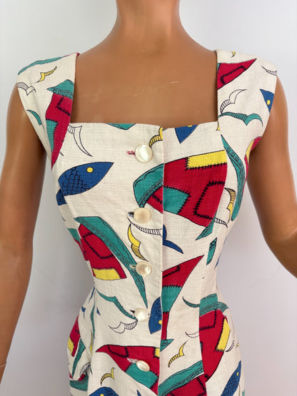 S | 1950s Nautical Novelty Print Dress