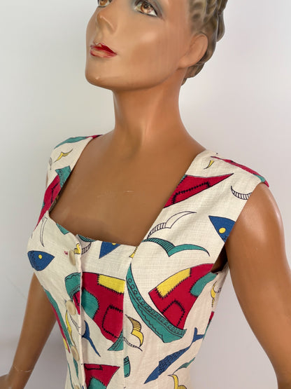 S | 1950s Nautical Novelty Print Dress