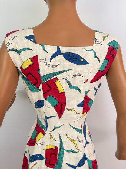 S | 1950s Nautical Novelty Print Dress